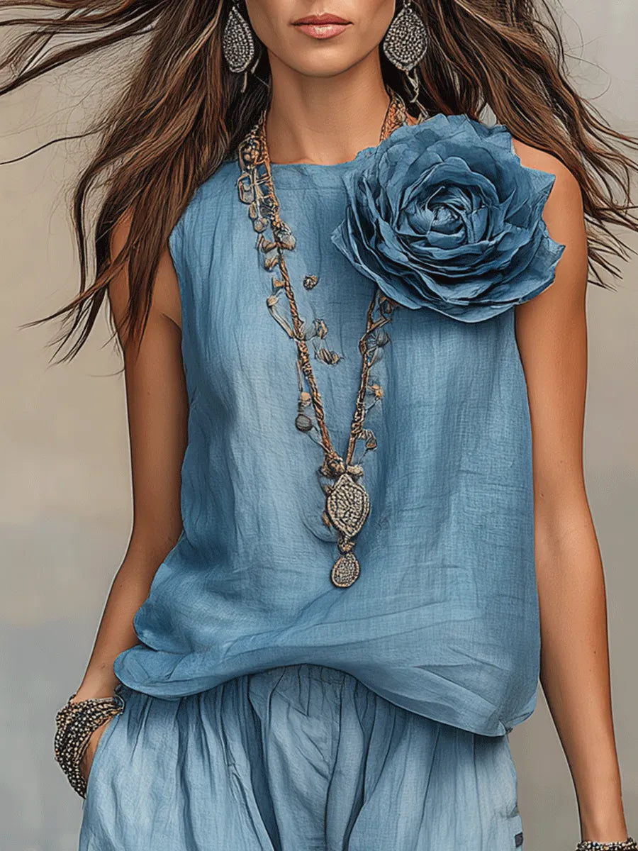 Ensemble Bohème Haut Long Bleu Doux et Pantalon Ample
