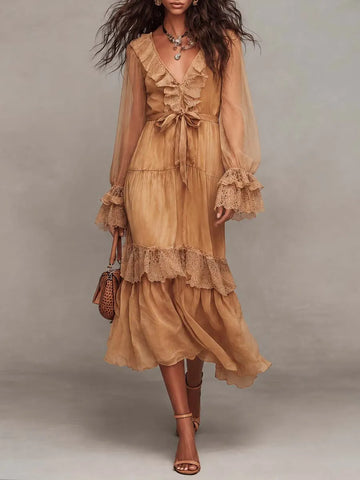 Vestido Midi Boho com Renda, Decote V, Amarração na Cintura, Saia em Camadas, Mangas Sino e Chiffon