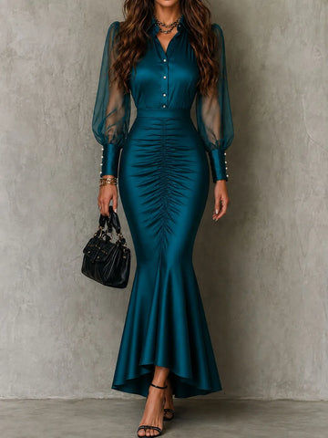 Vestido Maxi Sereia Retro Elegante de Cetim Azul-Petróleo com Mangas Bufantes Transparentes e Drapeado