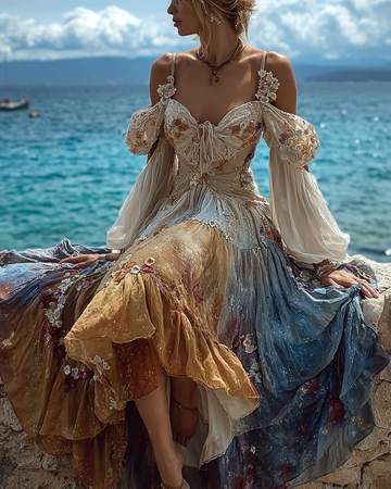 Vestido Confortável Patchwork Renda Bordada Floral de Verão 2954
