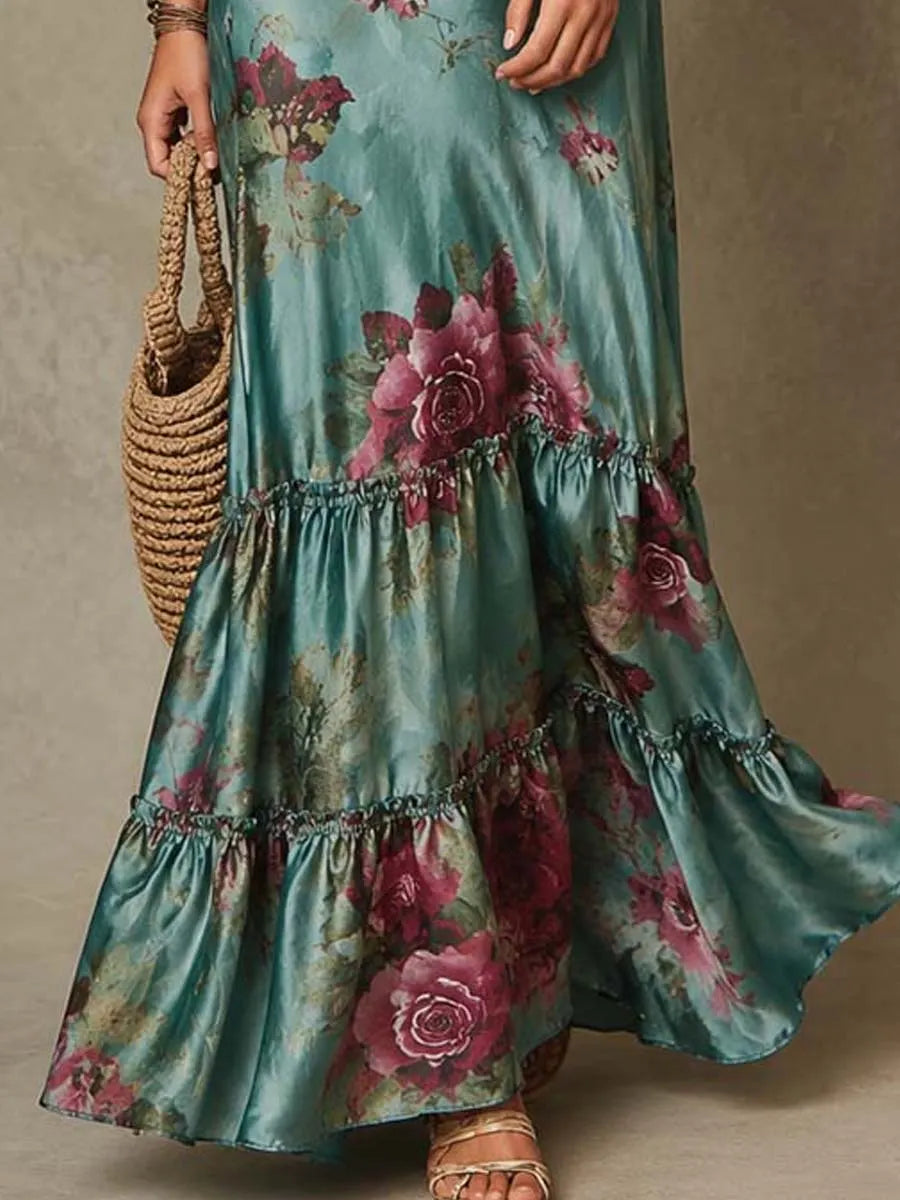 Vintage Floral Satin Cami Tiered Ruffle Maxi Dress