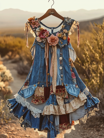 Summer Handmade Lace Denim Patchwork Dress a678
