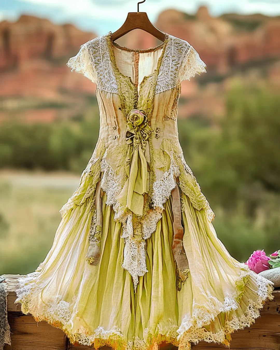 Vestido Vintage de Verão Laranja com Renda Floral Patchwork 9144