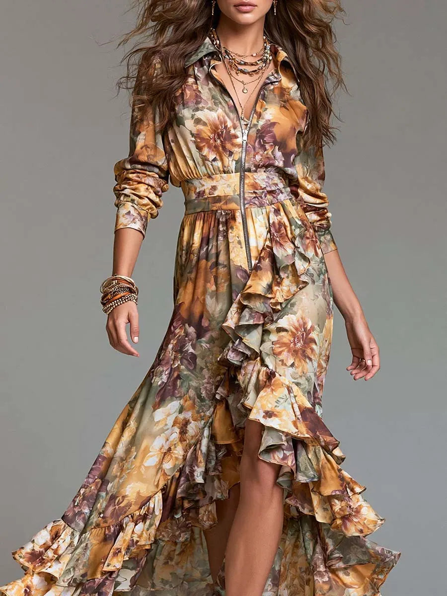 Robe longue style bohémien à imprimé floral, fermeture éclair et volants asymétriques