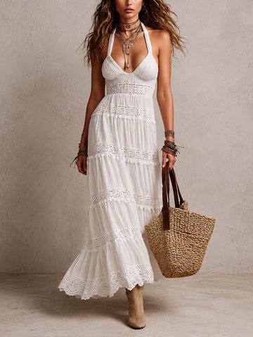 Vestido Longo de Renda Estilo Boho para Férias com Decote Halter e Recortes