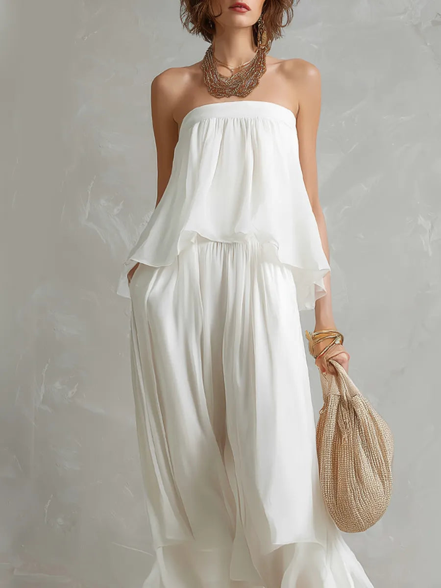 Bohemian White Chiffon Strapless Pantsuit