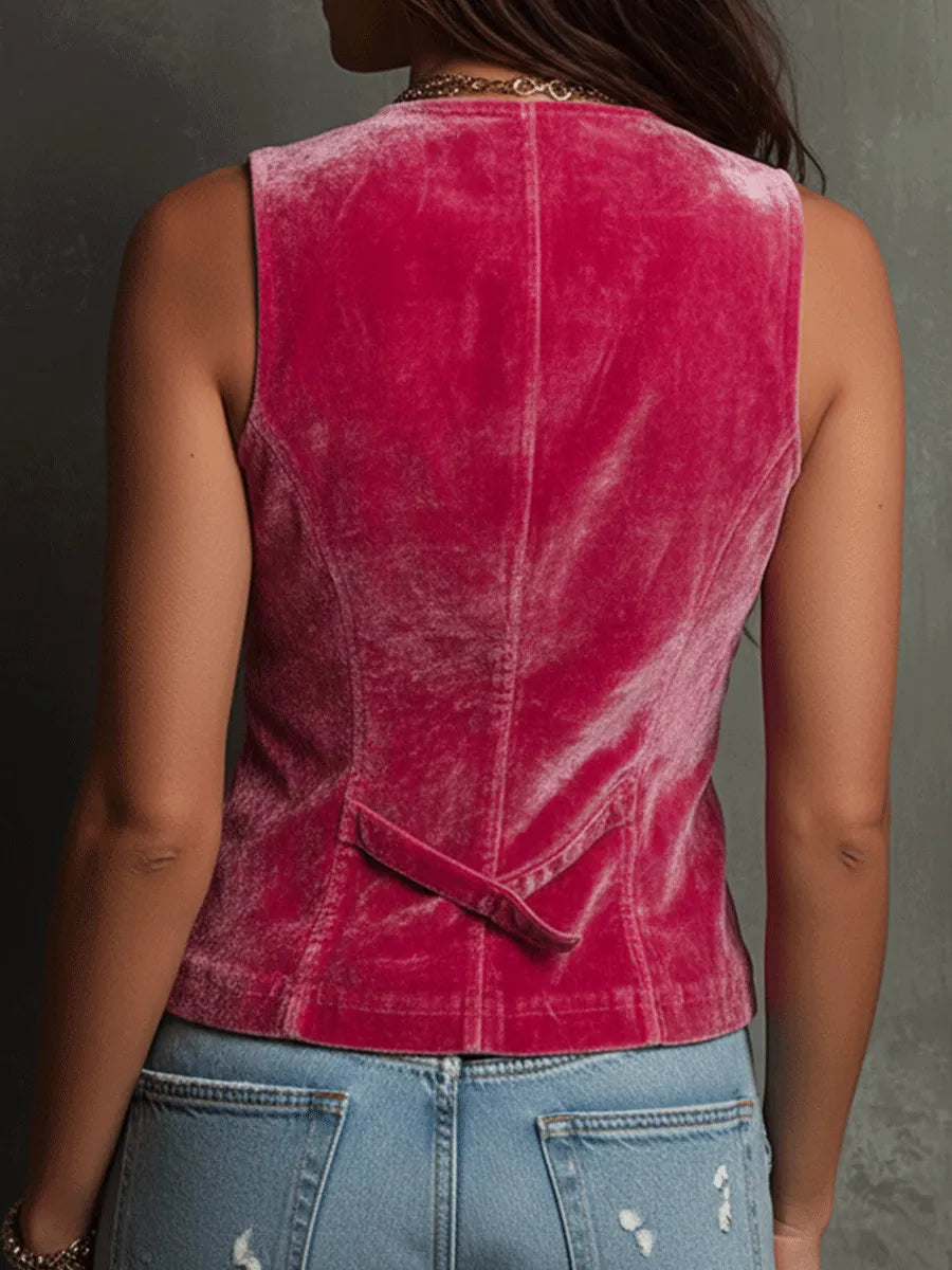 Gilet rétro en velours rose vif d'inspiration bohème