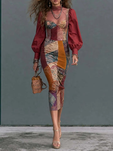 Boho Patchwork Corset Bishop Sleeve Midi Dress