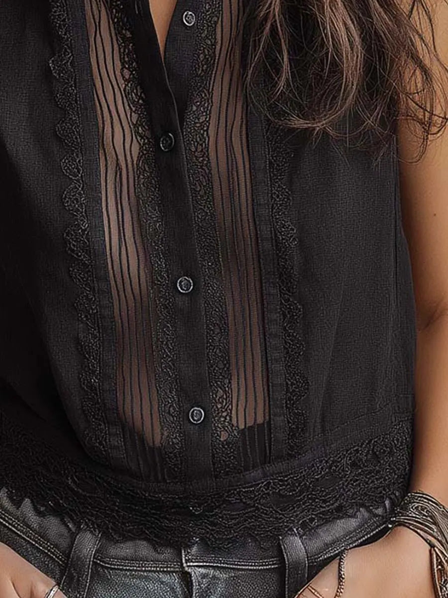 Chemisier sans manches boutonné transparent en coton-lin, avec dentelle, style bohème
