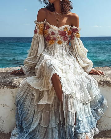 Vestido Confortável com Patchwork de Renda Bordado Floral de Verão 45c3
