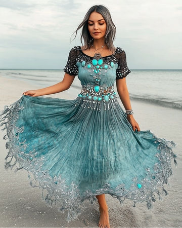 Vestido de linho com miçangas turquesa na beira-mar de férias de verão e395