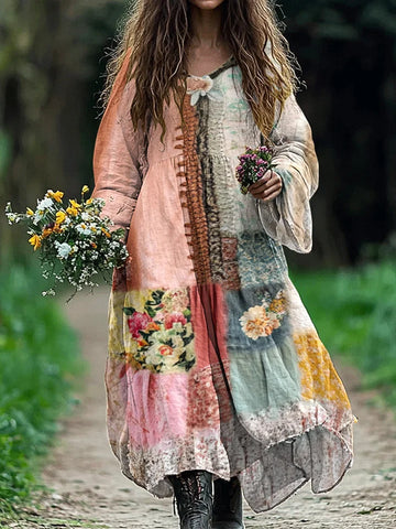 Vestido feminino vintage boêmio floral patchwork com decote em V de algodão e linho
