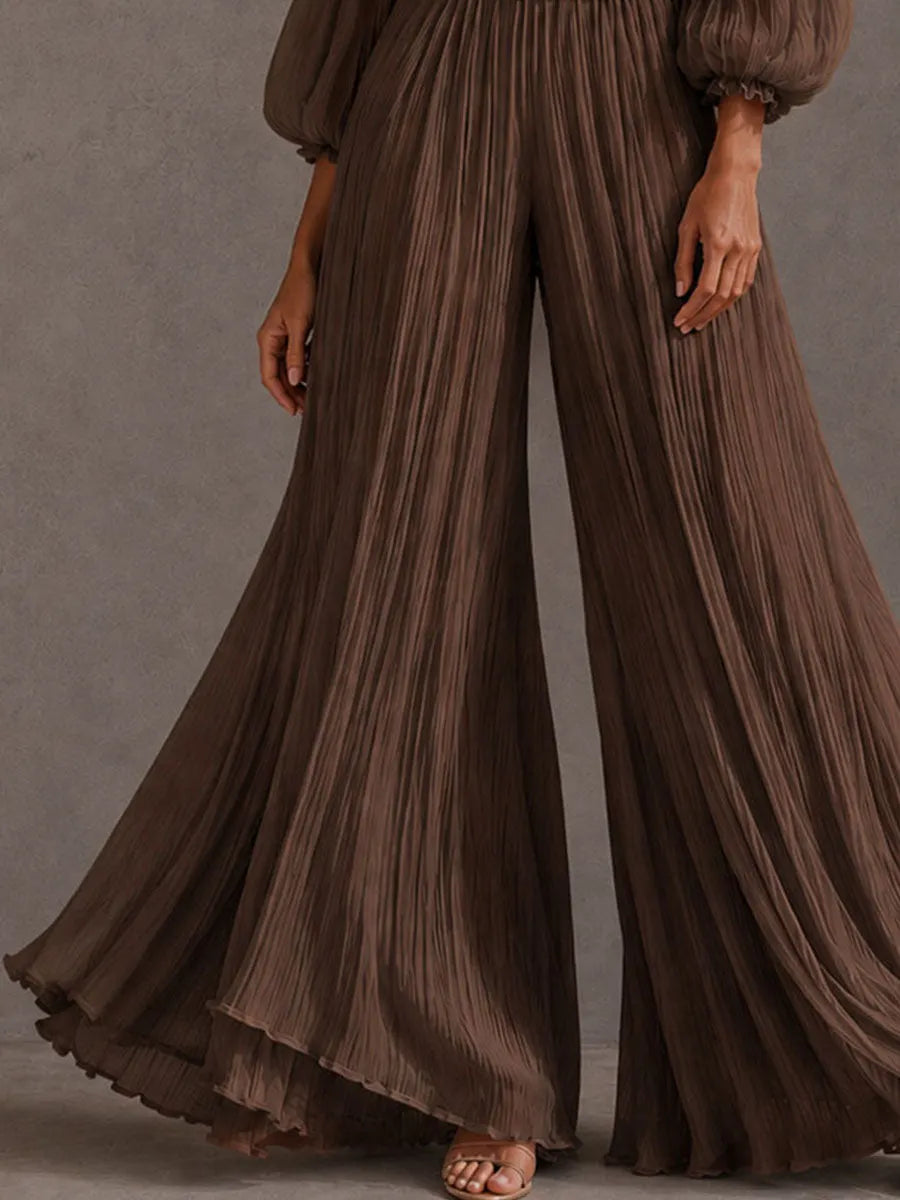 Combinaison Bohème Marron Froncée Épaules Dénudées Taille Smockée Jambes Larges