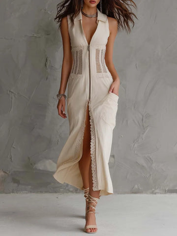 Vestido Midi Regata de Algodão com Gola, Zíper Frontal, Recorte em Renda, Bolsos e Fenda