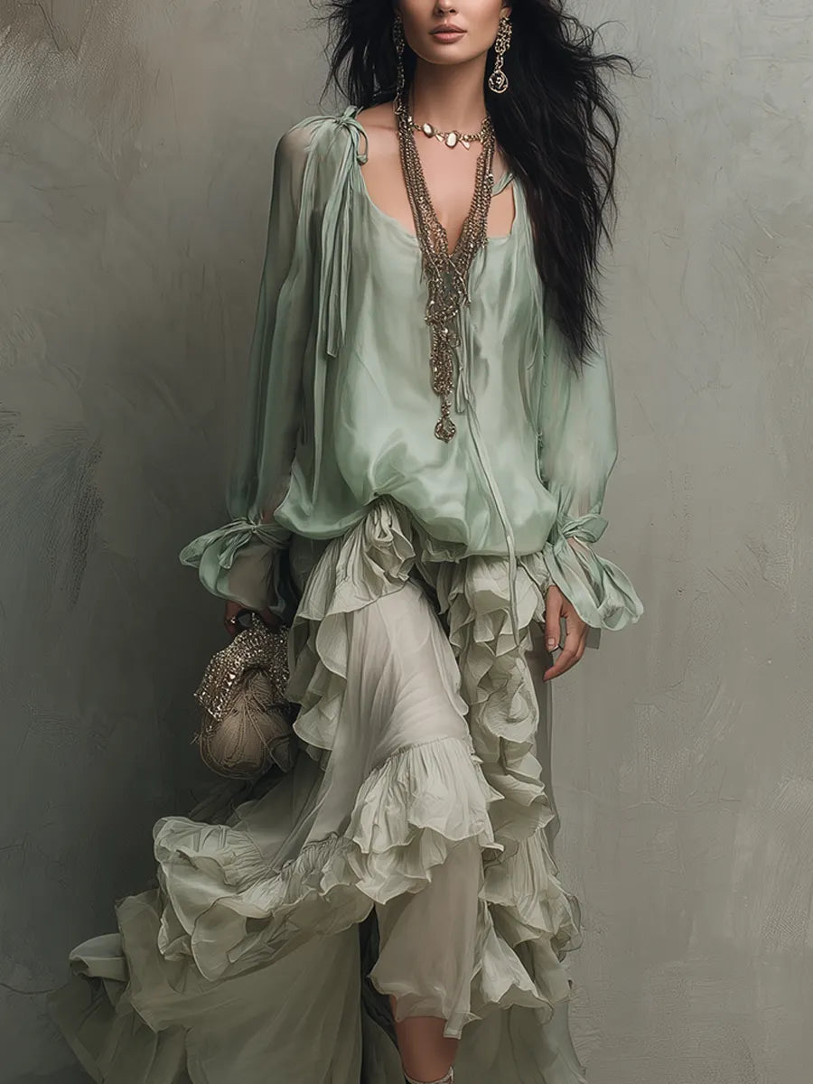 Bohemian Mint Chiffon Ruffle Blouse With Layered Skirt