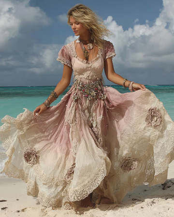 Vestido Turquesa Ombré de Renda com Miçangas para Férias de Verão 6eaa