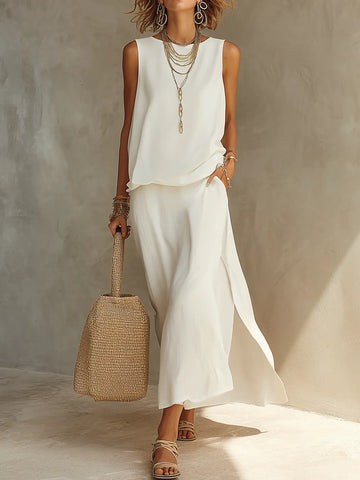 Ensemble jupe et veste blanc décontracté style bohème