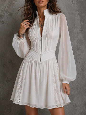 Vintage Front Zipper Chiffon Mini Dress With Lantern Sleeves