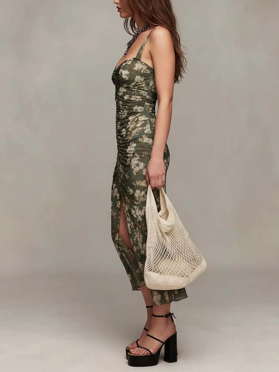 Robe midi en maille ruchée à fleurs bohème