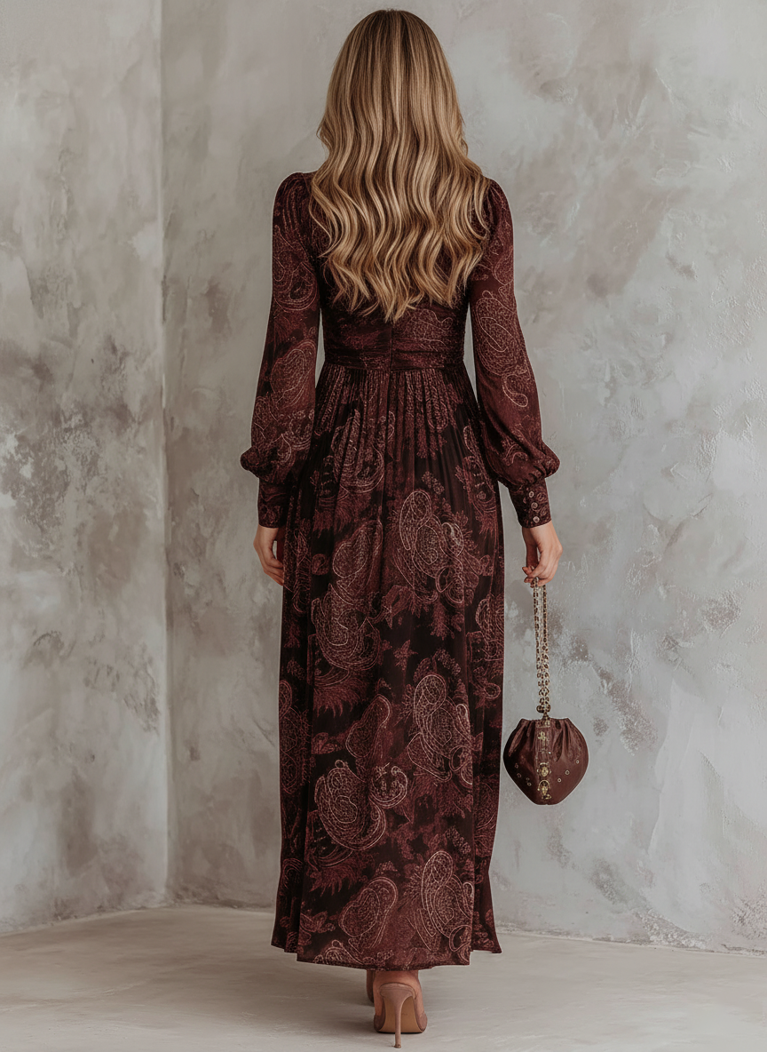Robe mi-longue imprimée cachemire à manches longues et col zippé rétro