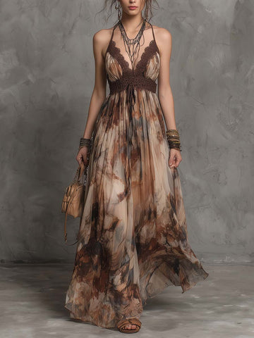 Vestido Maxi Boêmio com Estampa de Aquarela e Decote Halter