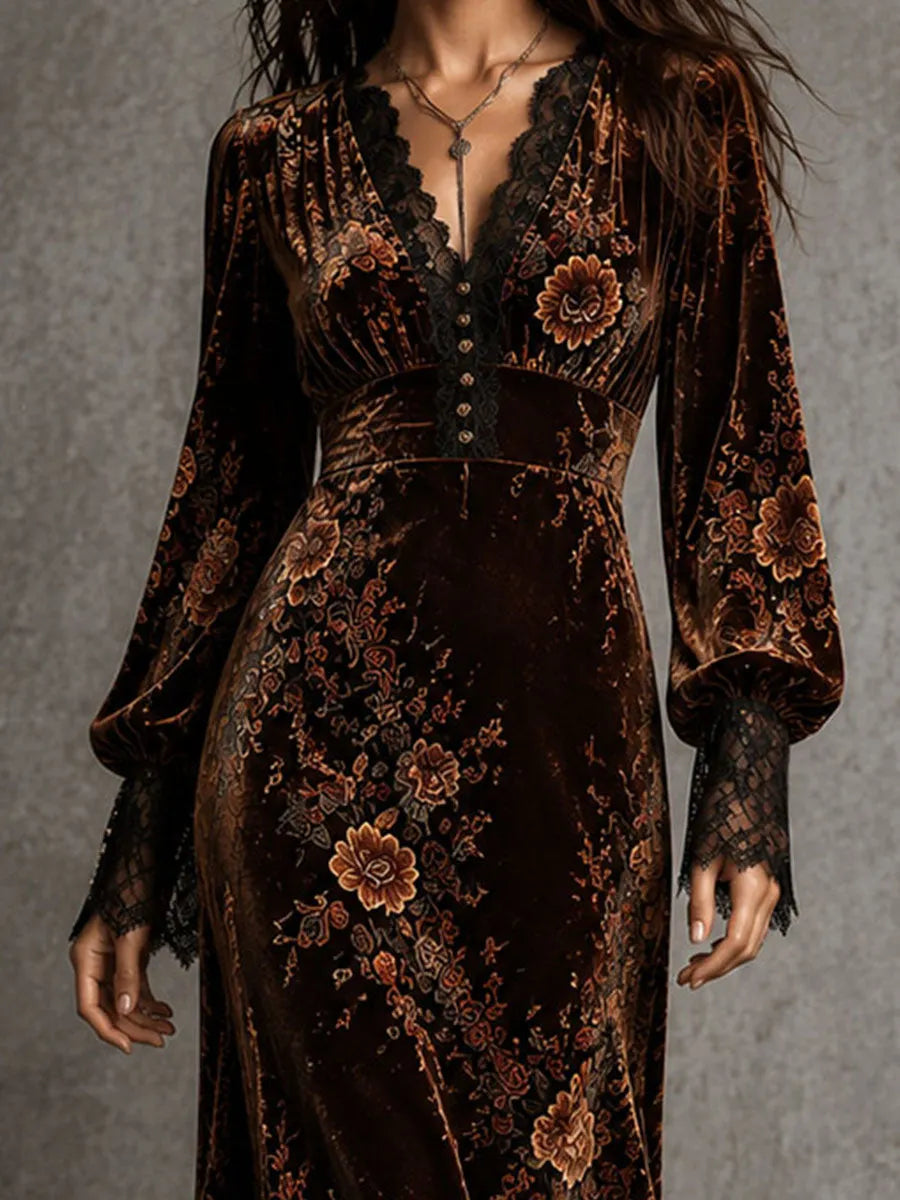 Robe de soirée vintage en velours à col en V, dentelle florale et manches bouffantes
