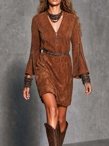 Robe courte à ceinture, style bohème marron, col en V zippé et manches cloche