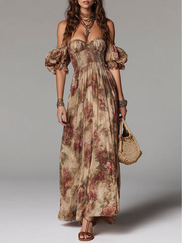 Vestido longo ombro a ombro com estampa floral estilo pintura a óleo