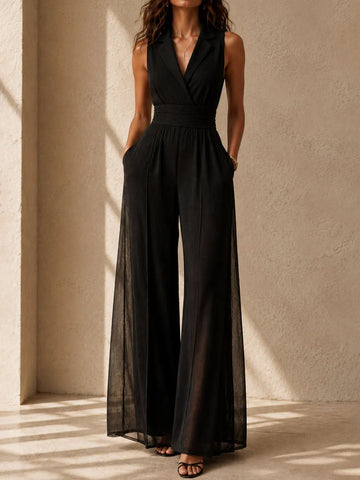 Quiet Luxury Lapel Collar Black Sleeveless Wide-Leg Jumpsuit