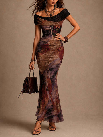 Vestido Longo Sereia Floral Vintage com Drapeado em Tule e Ombro a Ombro