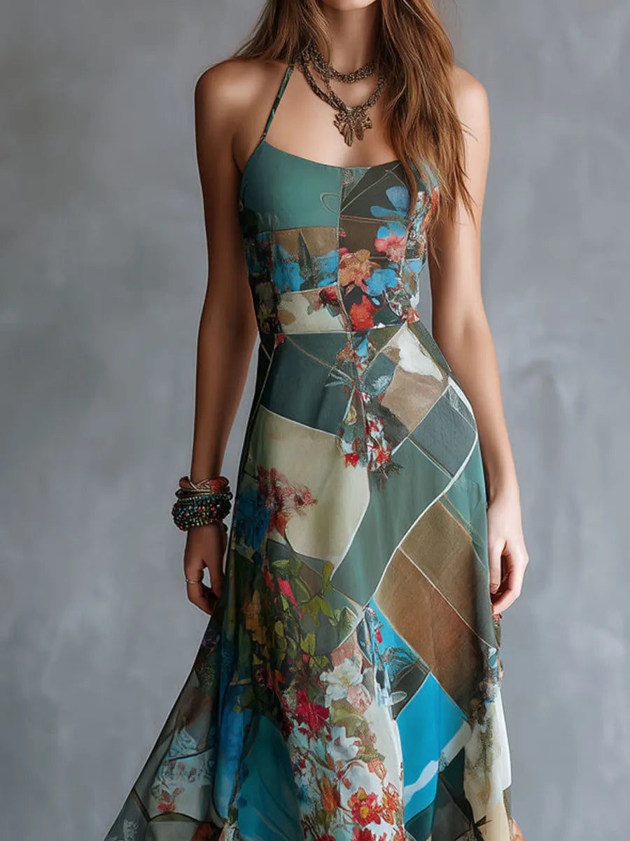 Robe midi en mousseline fleurie patchwork turquoise bohème rétro