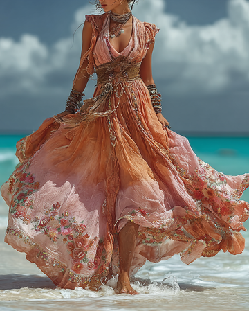 Vestido de Verão Ombre Renda Turquesa com Miçangas 536a