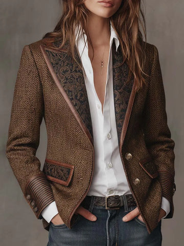 Blazer in tweed spigato con pannelli stampati