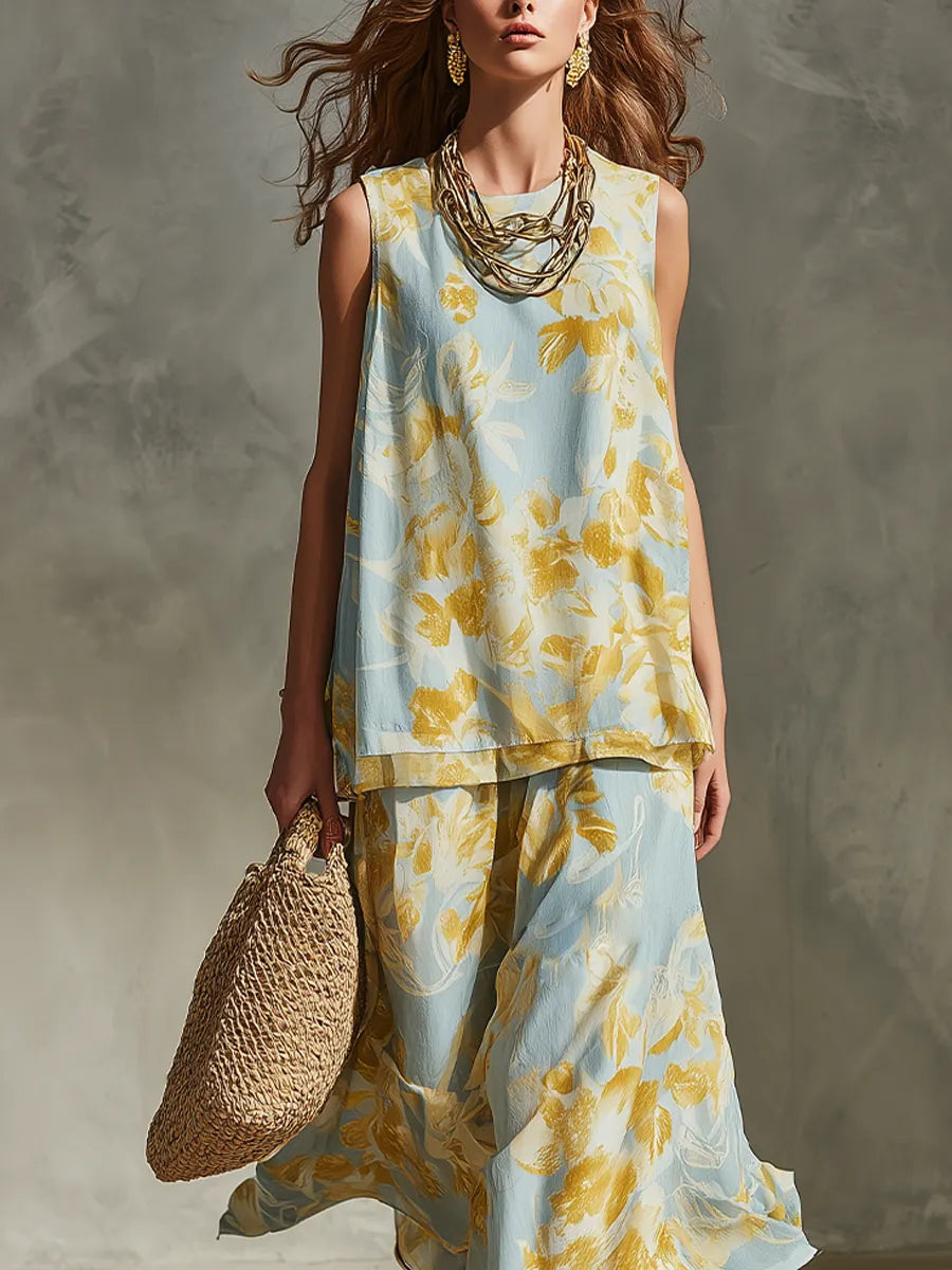 Lightweight And Flowy Vacation Style Printed Two Piece Dress