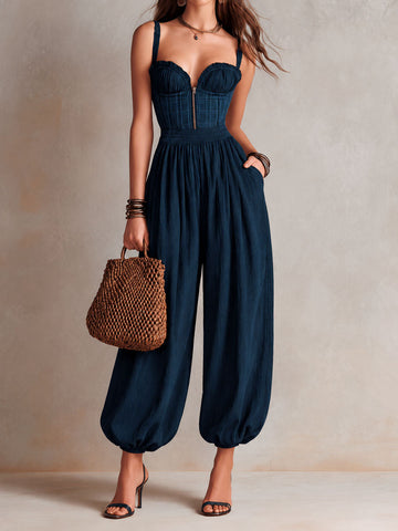 Boho Chic Navy Corset-Top Balloon Leg One-Piece Jumpsuit