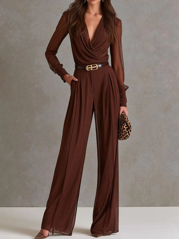Macacão Elegante de Chiffon Marrom com Gola Drapeada, Mangas Longas Transparentes e Calças Pantalona