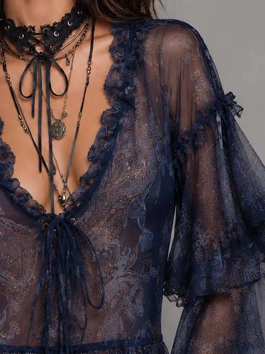 Camicia in chiffon trasparente con stampa Paisley, stile vintage