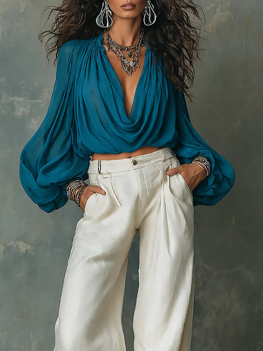 Conjunto Blusa Chiffon Decote Drapeado Estilo Boho e Calça Pantalona Algodão-Linho