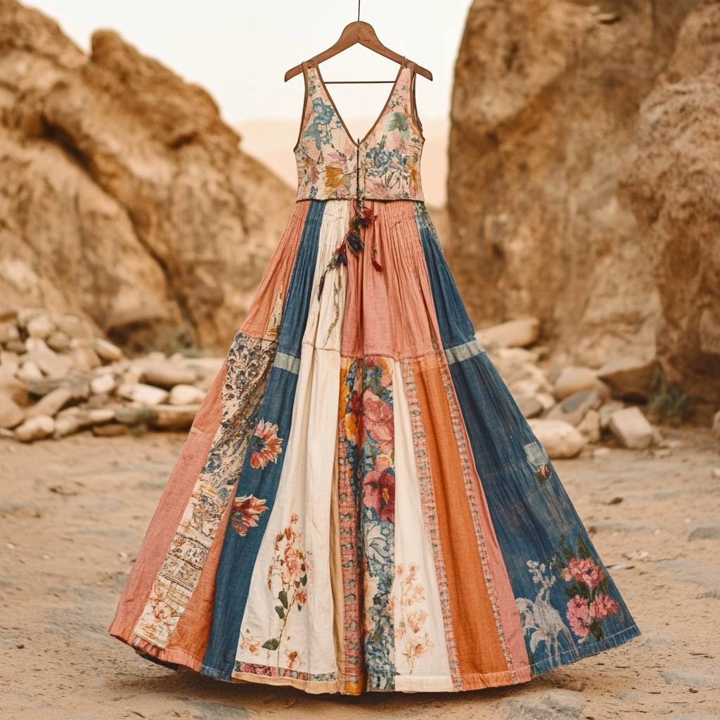 Vestido Feminino Vintage Boêmio Floral Patchwork Decote em V Algodão e Linho d508