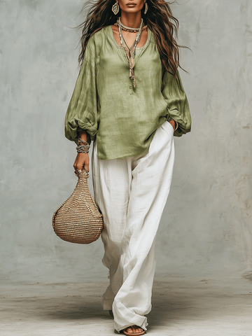 Blusa de Linho Sálvia e Calça Branca Soltinha Conjunto de Fuga Diária
