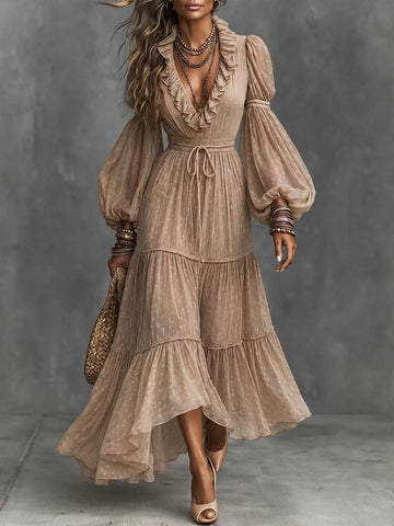 Vestido longo boho com babados em camadas, decote V profundo e manga bufante