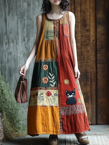 Vestido Longo de Linho com Patchwork Floral Boho e Gatos