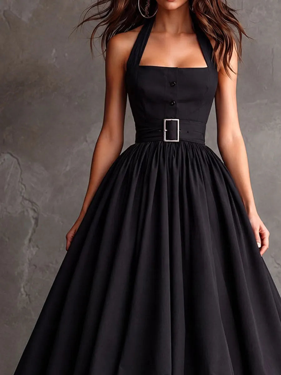 Robe Rétro Élégante Noire à Licou Ceinturée et Ourlet Bouffant