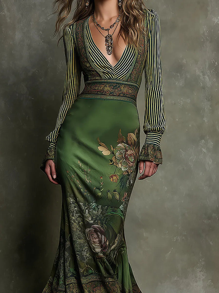 Retro V-Neck Striped Sleeves Floral Print Fishtail Hem Maxi Dress