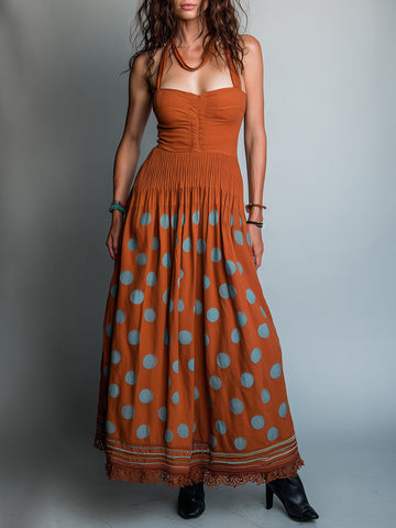 Vestido Longo Evasê Retrô com Estampa Poá e Acabamento em Renda