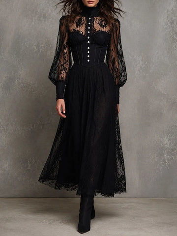 Vestido Midi Gola Alta Manga Bufante Corpete Renda Preto Elegante Retrô