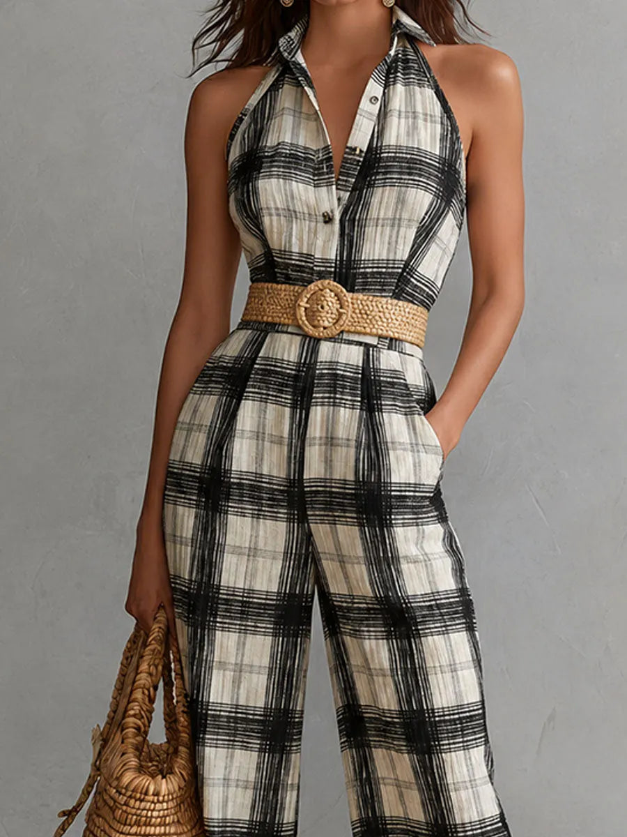 Macacão Boho Preto E Marfim Xadrez Plissado De Linho Com Gola Halter E Perna Larga