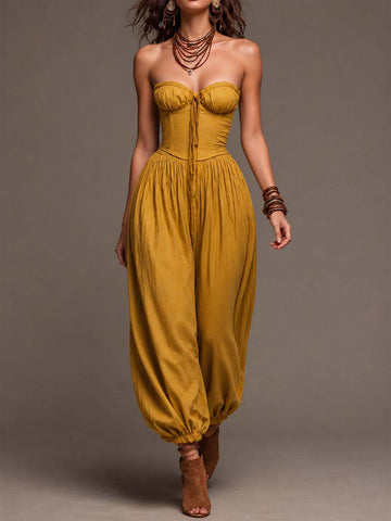 Bohemian Mustard Yellow Cotton Corset And Balloon Pants Jumpsuit