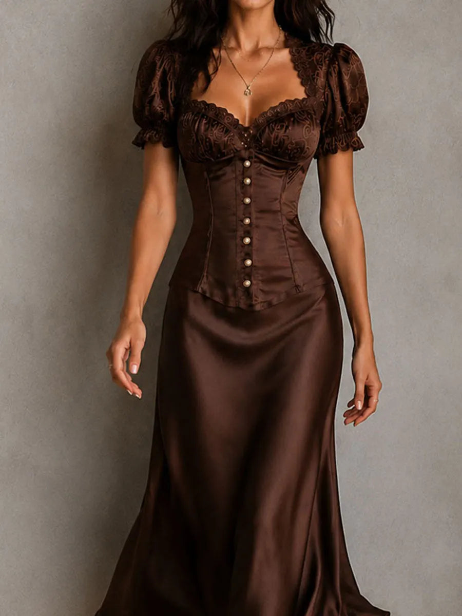 Robe midi corset rétro élégante en satin marron à manches bouffantes