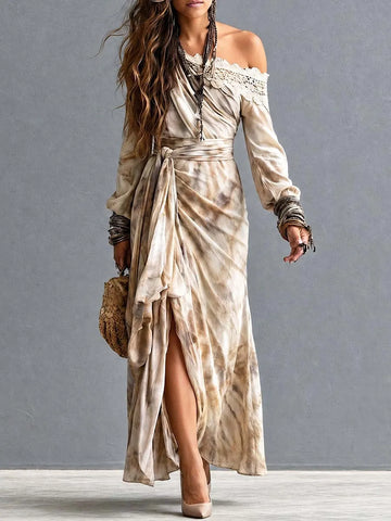 Robe longue portefeuille bohème à épaules dénudées, bordée de dentelle, avec lien à la taille
